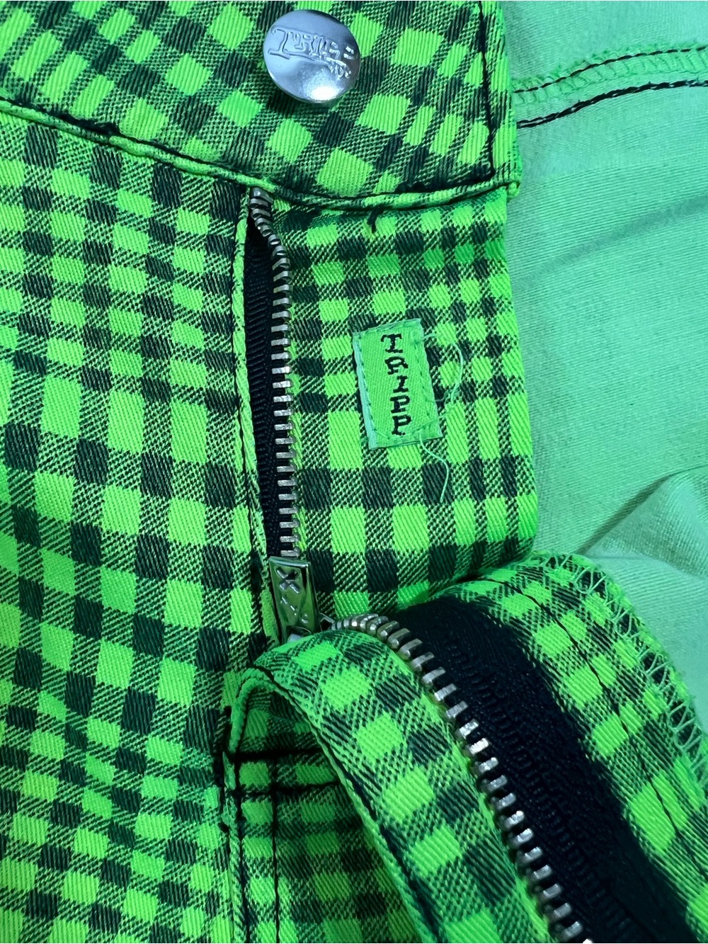 Tripp NYC Neon Lime Plaid Zipper Skinny Jeans .  Size 15 - Picture 7 of 10